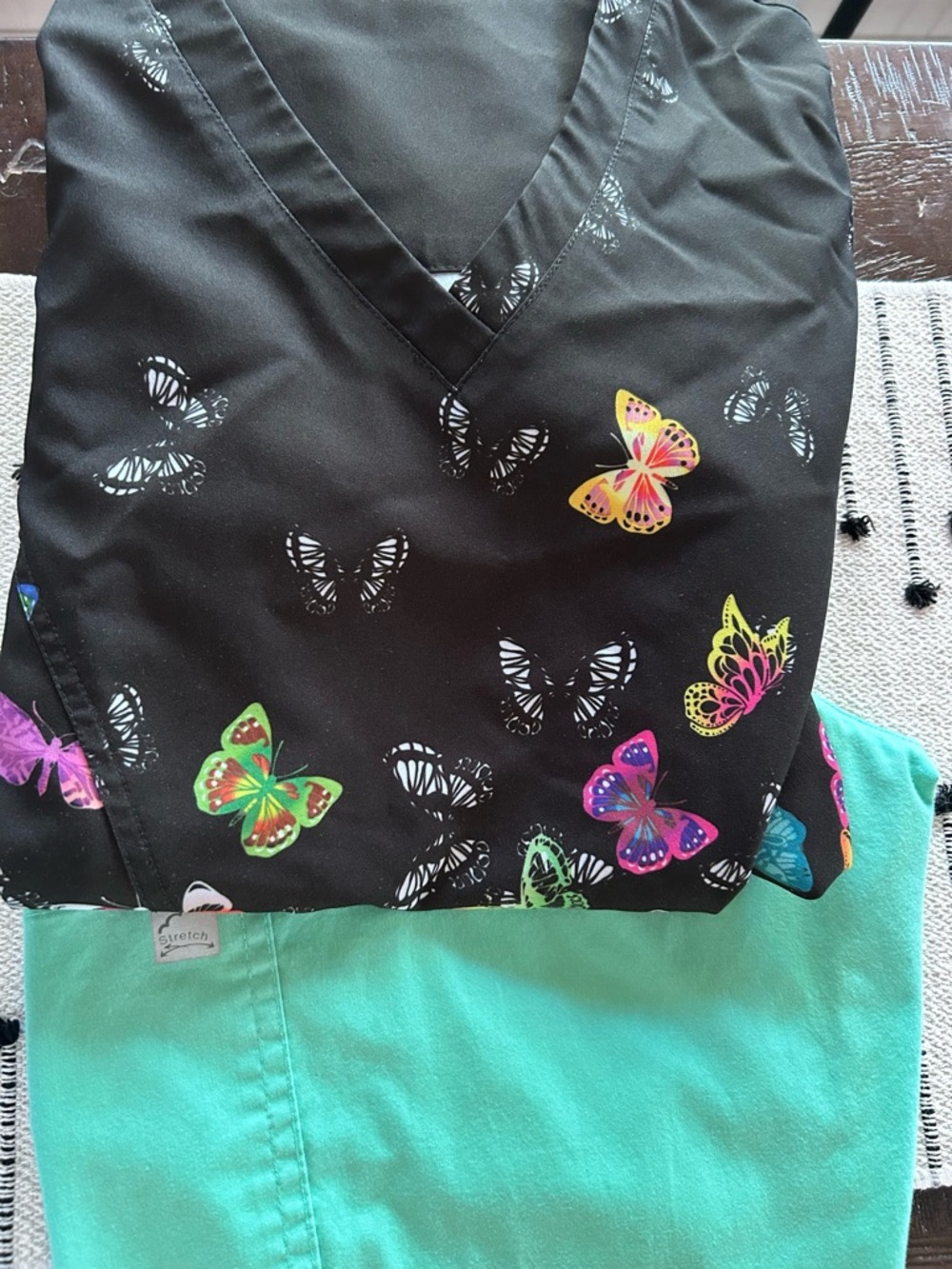 Black Butterfly Print Scrub Top with Teal Pants